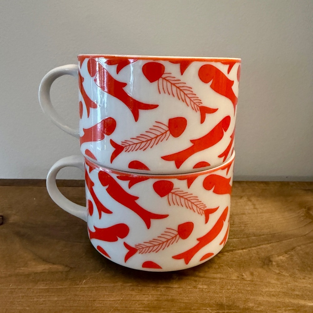 Vintage Taste Setter by Sigma Herringbone Orange Fish Ceramic Soup Mugs,Set of 2